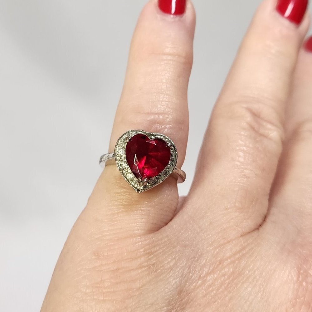 Simulated Heart-Shaped Ruby Silver Ring With Cz - image 2